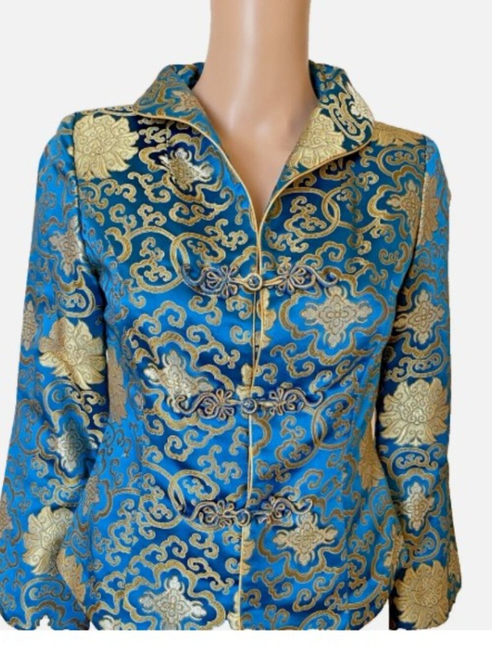 OLD SHANGHAI SAN FRANCISCO 100% Silk Blazer Jacket Blue & Gold XS